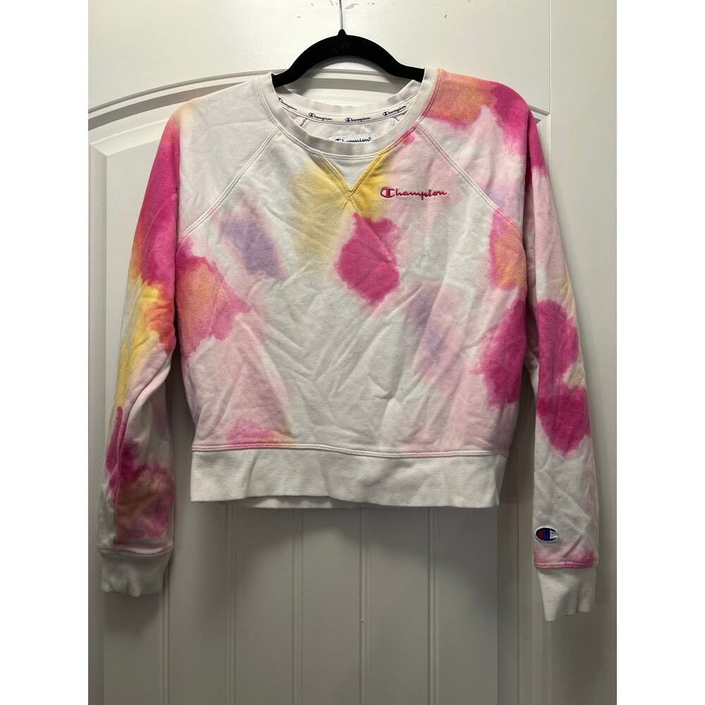 Champion Women Long Sleeve Tie Dye French Terry Pullover Sweatshirt Size S Pink